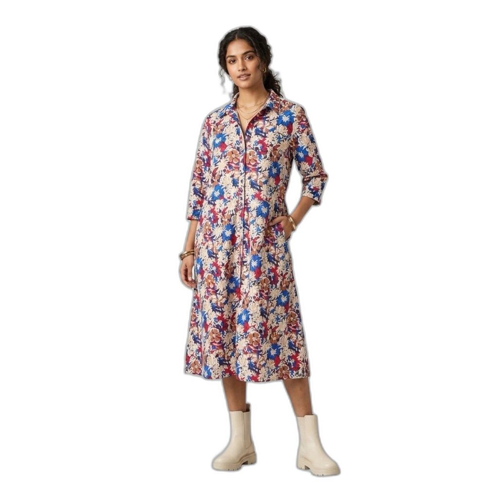 eShakti Floral Cotton Midi Shirt Dress Size 12 Retro Style Pockets Vintage Style